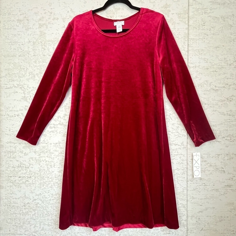 NWT EXPO Red Velvet Swing Dress Sheath Holiday Crew Neck Size 12 Made in USA
